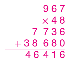 Algoritmo usual da multiplicação 967 vezes 48 igual a 46 mil 416. Na primeira linha o número 967. Abaixo, à esquerda, o sinal de multiplicação e à direita, o número 48, alinhado ordem a ordem com o número 967. Abaixo, traço horizontal. Abaixo, o número 7 mil 736, alinhado ordem a ordem com os números 967 e 48. Abaixo, à esquerda, o sinal de adição e à direita, o número 38 mil 680, alinhado ordem a ordem com o número 7 mil 736 da linha anterior. Abaixo, traço horizontal. Abaixo, o número 46 mil 416, alinhado ordem a ordem com os números 7 mil 736 e 38 mil 680.
