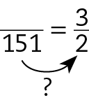 Esquema. Fração com numerador vazio sobre 151 igual a fração 3 sobre 2. Seta preta de 151 para 2, com cota abaixo, ponto de interrogação. Abaixo do esquema, 151 dividido por ponto de interrogação igual a 2