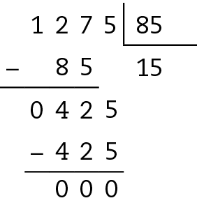 Algoritmo da divisão. 1 mil 275 dividido por 85 igual a 15. Na primeira linha, à esquerda o número 1 mil 275, à direita, chave com o número 85 dentro. Abaixo da chave, número 1. Abaixo do número 1 mil 275, à esquerda, o sinal de subtração, à direita, o número 85, alinhado ordem a ordem com o número 127. Abaixo, traço horizontal. Abaixo, o resto 42 alinhado ordem a ordem com o número 127. A direita do 42, algarismo 5  formando 425. Abaixo da chave, ao lado do 1, algarismo 5, formando 15. Abaixo do 425, à esquerda o sinal de subtração e a direita 425 alinhado ordem a ordem com o 425. Abaixo, traço horizontal. Abaixo, resto 0.