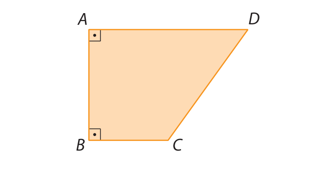 Ilustração. Quadrilátero ABCD com AD paralelo a BC e AB. Os ângulos DAB e ABC são retos.