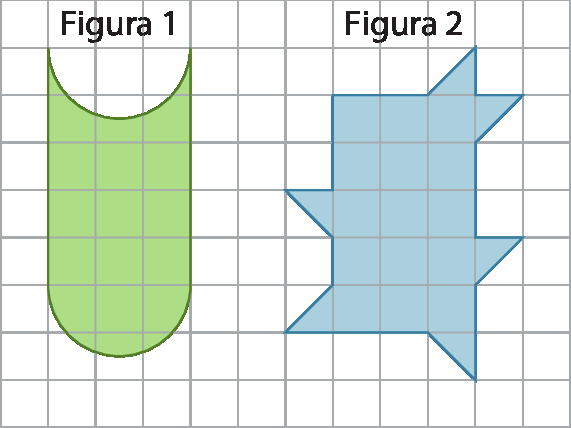 Ilustração. duas figuras em uma malha quadriculada. Figura 1 formada de linhas retas e curvas ocupando aproximadamente 15 quadradinhos da malha. Figura 2 formada por linhas retas ocupando aproximadamente 18 quadradinhos da malha.