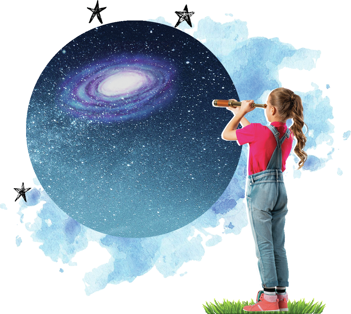 Fotografia. Menina de cabelos compridos preso, camiseta vermelha e macacão azul. Ela olha por uma luneta uma forma redonda com círculos ao redor em céu escuro e estrelado.
