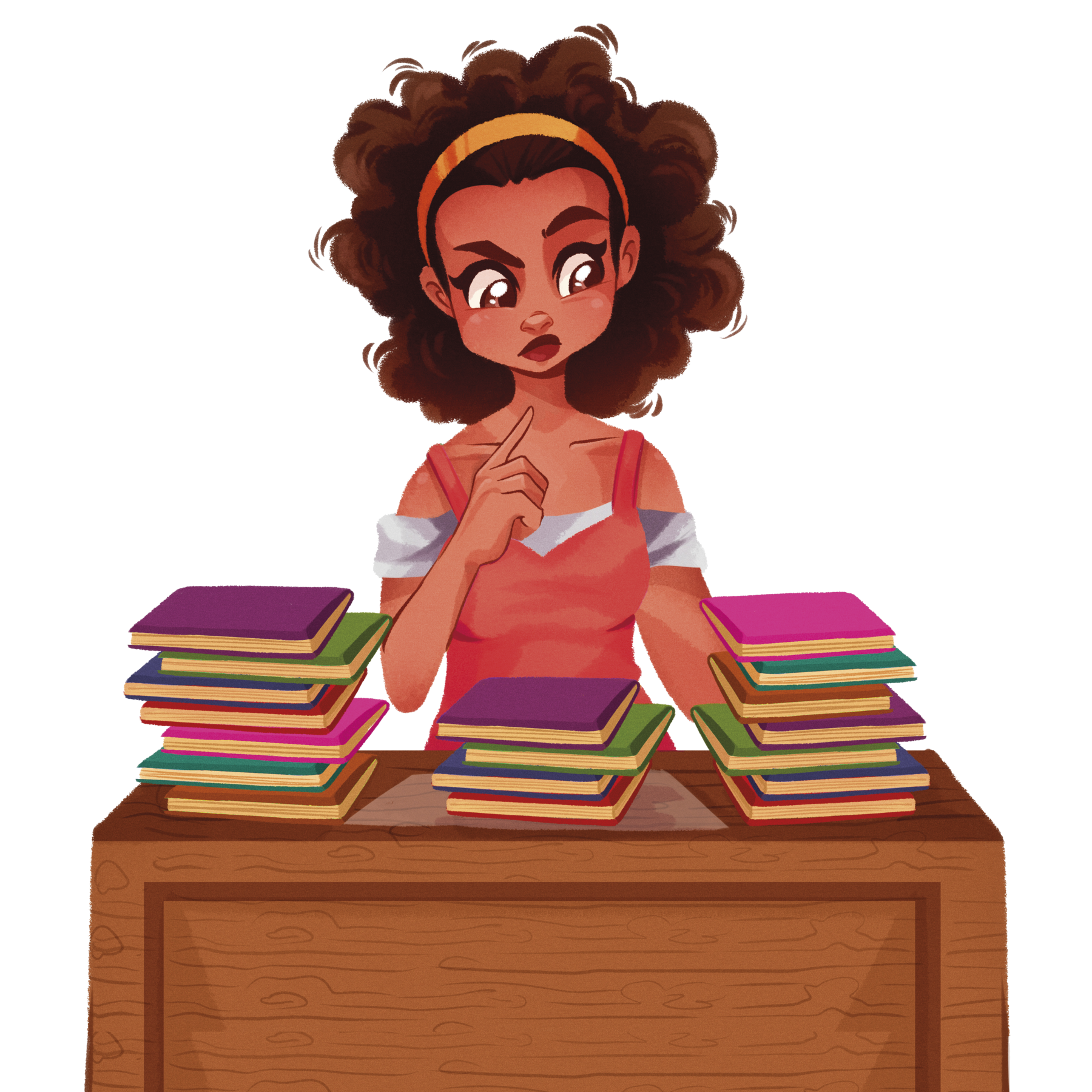 Ilustração. Mulher de cabelo escuro curto e ondulado, blusa vermelha está de frente para uma mesa com livros empilhados.