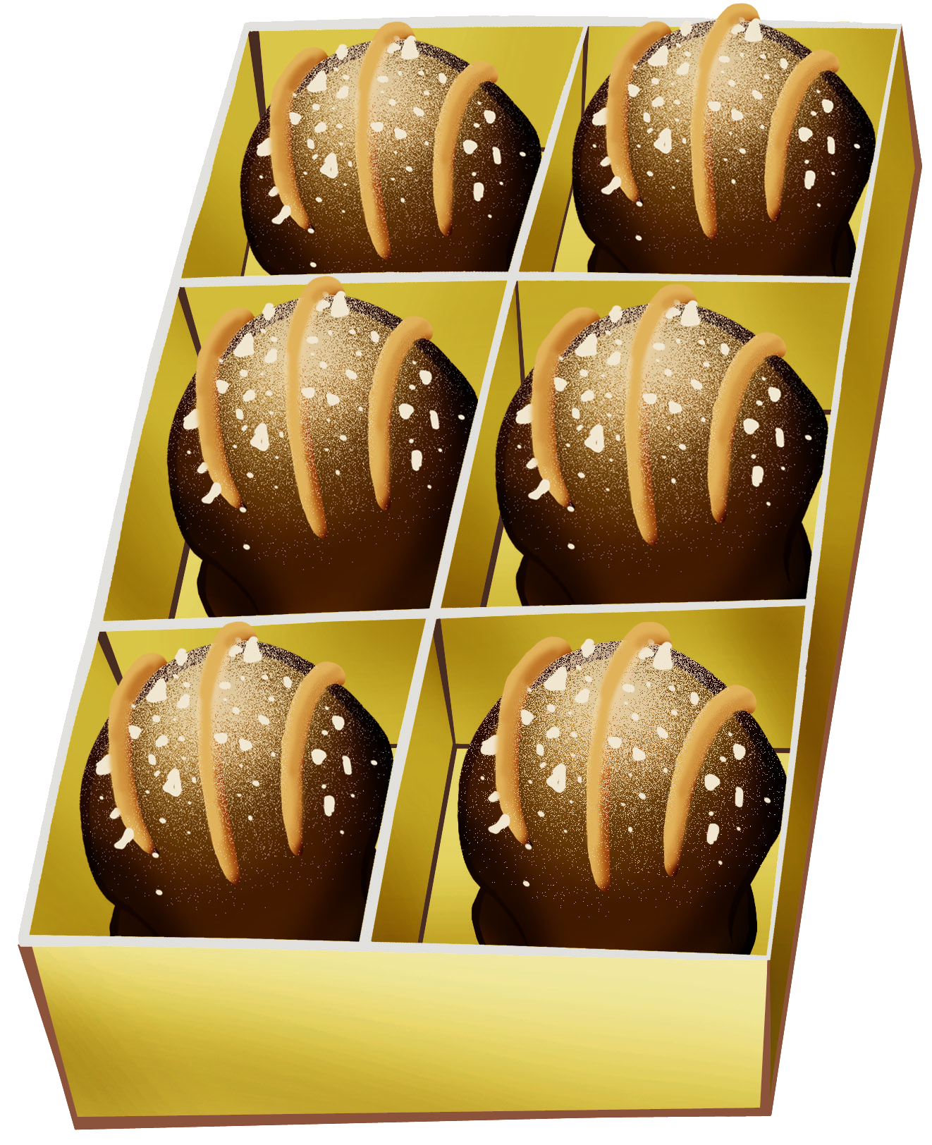 Ilustração. Caixa de bombons dividida em 6 partes. Em cada parte, há um bombom.