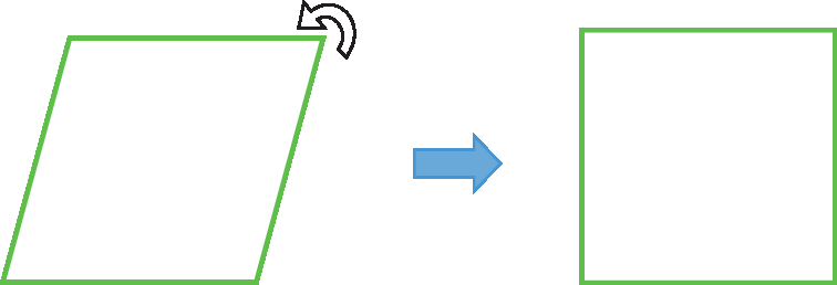 Figura geométrica. Quadrado paralelogramo. No canto superior direito há uma seta indicando sentido anti-horário. Ao lado uma seta e, ao lado dela um quadrado.