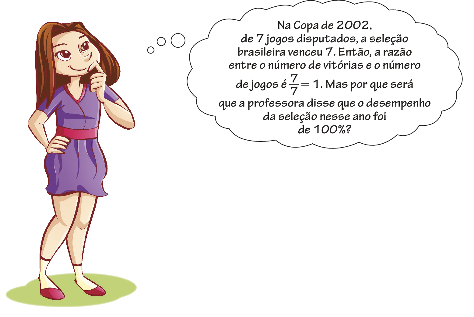 Ilustração. Karina, menina branca de cabelo comprido e vestido lilás. Ela fala: Na Copa de 2002, de 7 jogos disputados, a seleção brasileira venceu 7. Então, a razão entre o número de vitórias e o número de jogos é fração 7 sobre 7 é igual 1. Mas por que será que a professora disse que o desempenho da seleção nesse ano foi de 100 por cento?