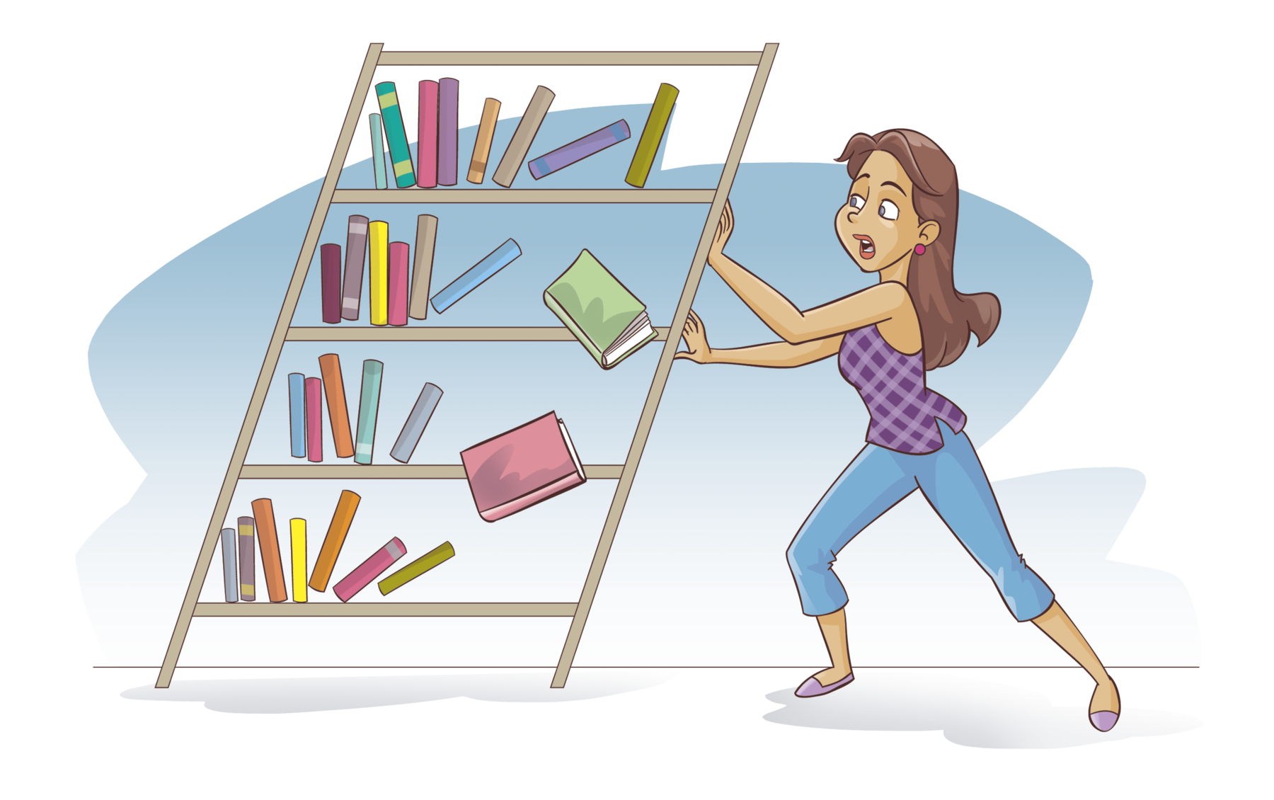 Ilustração. Estante de livro com inclinação acentuada para direita onde há uma mulher de cabelo castanho, blusa roxa e calça azul segurando a estante.