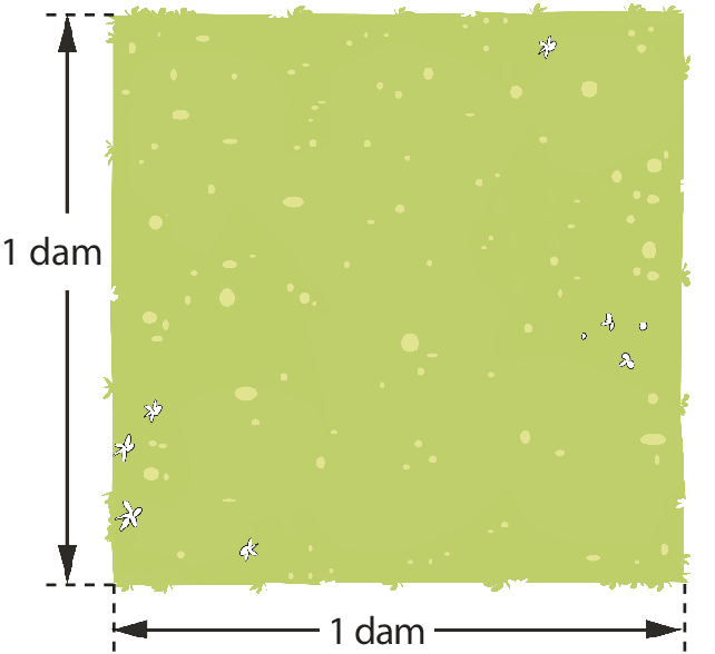 Figura geométrica. Terreno quadrado verde, com cota indicando a medida do lado de 1 decâmetro.