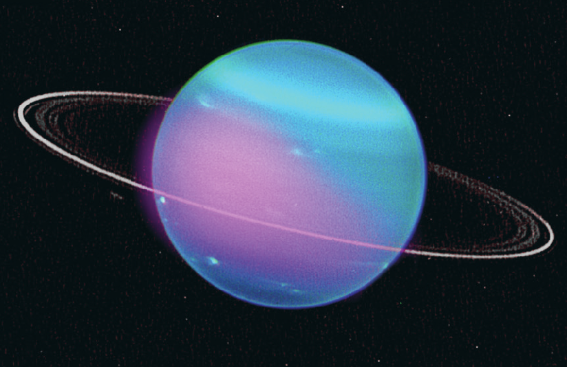 Ilustração. Representação artística do planeta Urano. Planeta com variações de cor azul e rosa. Ao redor do planeta tem a representação de uma circunferência representando o anel do planeta.