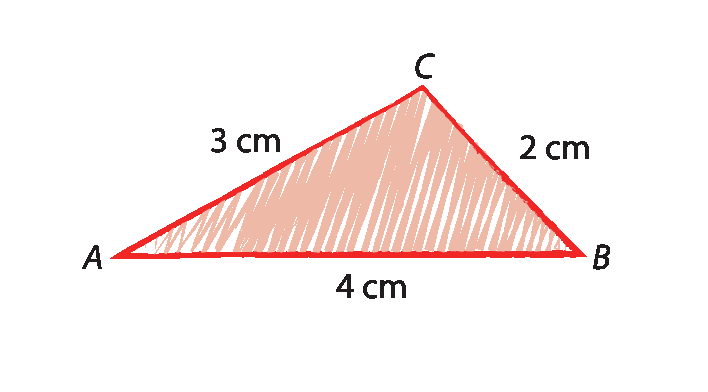 Figura geométrica. Triângulo laranja ABC com as medidas: AB: 4 centímetros, BC: 2 centímetros. AC: 3 centímetros.