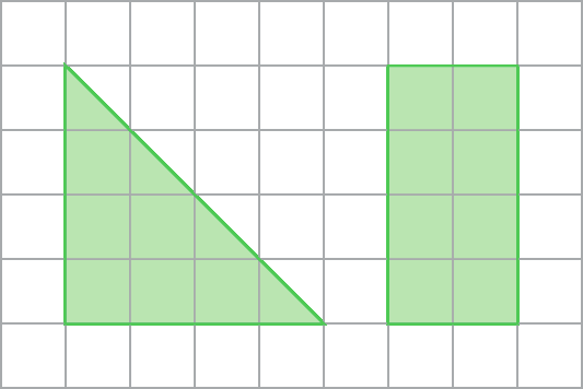 Retângulo dividido em 36 quadrados iguais em 9 fileiras na vertical com 6 quadrados cada. 
Pintado sobre esses quadrados há um triângulo retângulo verde. Ele tem base correspondente a 4 lados do quadrado e altura correspondente a 4 lados do quadrado.

Também pintado sobre esses quadrados há um  retângulo verde. Ele tem base correspondente a 2 lados do quadrado e altura correspondente a 4 lados do quadrado