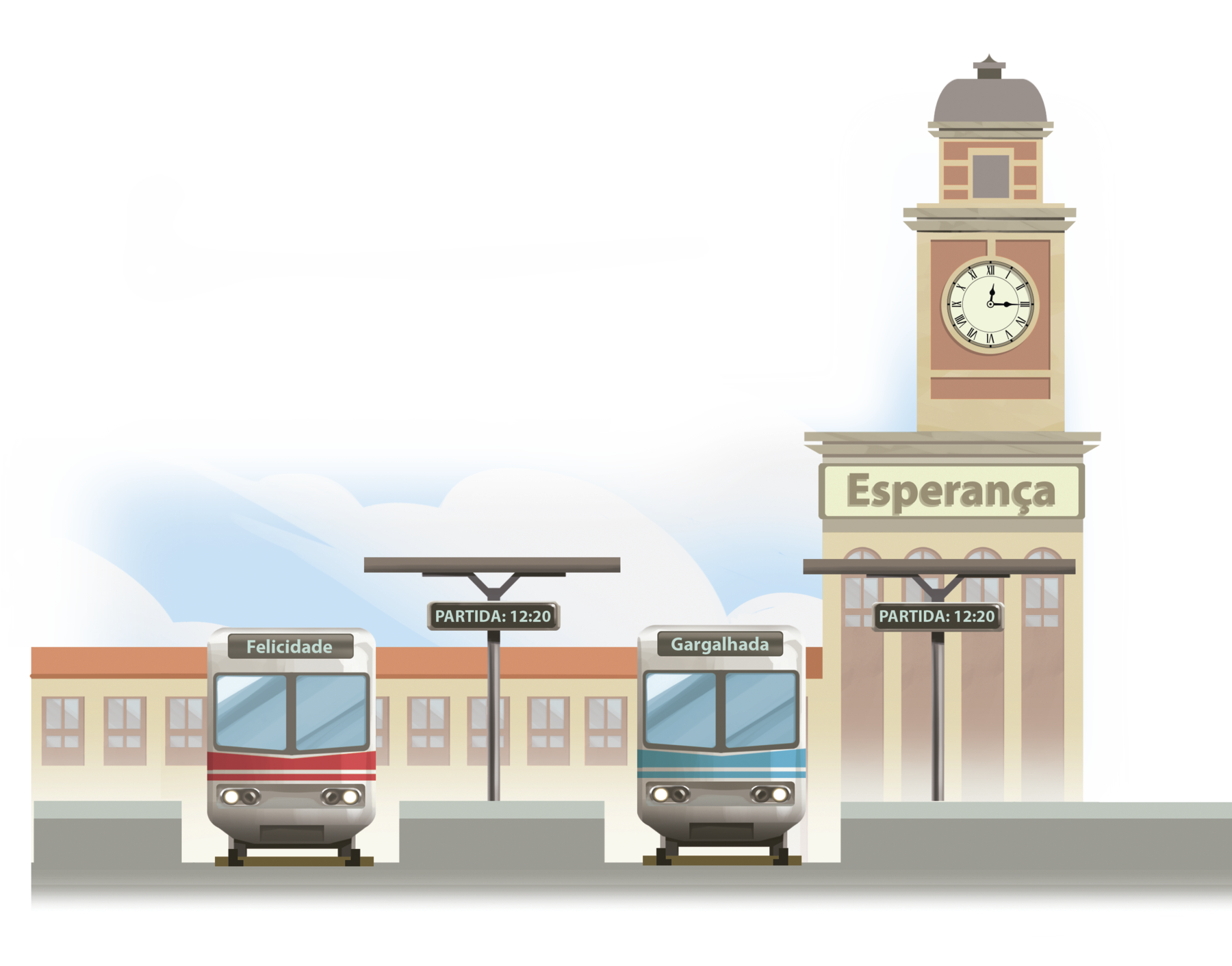 Ilustração. Uma estação de trem com dois trens parados. À direita, construção com torre e no topo, relógio redondo. Na fachada: Esperança.