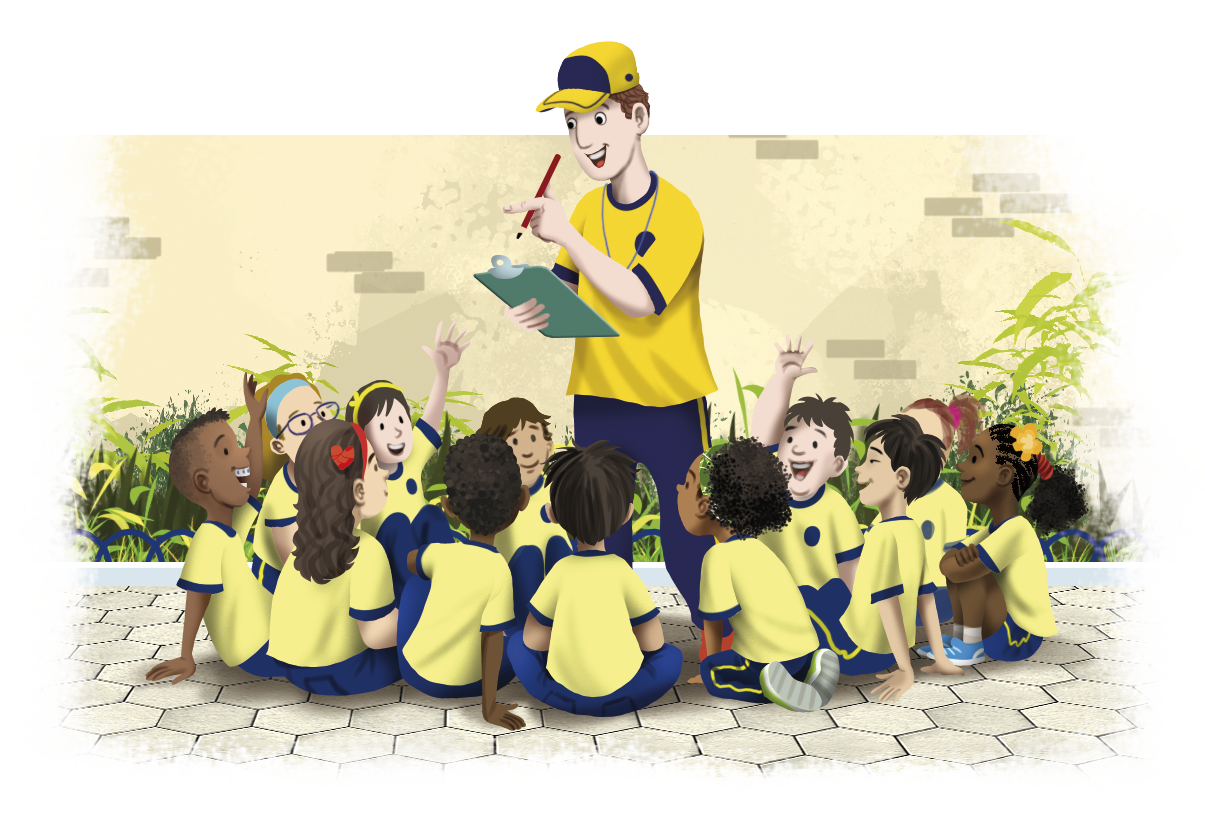 Ilustração. Grupo de crianças de camiseta amarela e bermuda azul. Elas estão sentadas no chão ao redor de um homem de boné amarelo, camiseta amarela e calça azul. Ele segura uma prancheta nas mãos.