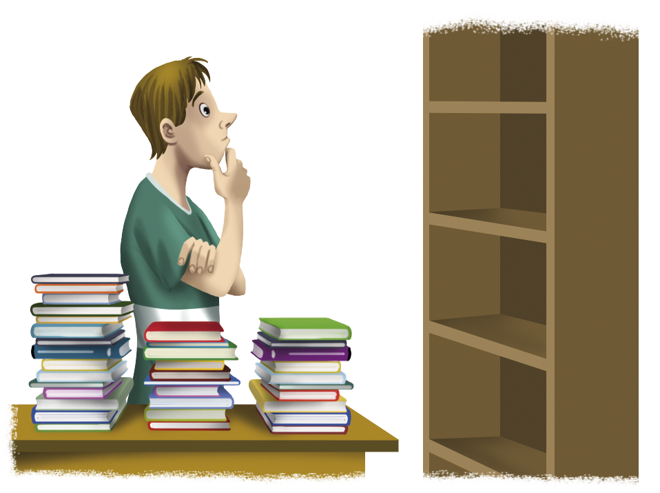 Ilustração. Homem de cabelo castanho em pé na frente de uma estante com diversas prateleiras vazias. Ao lado, pilhas de livros sobre uma mesa.