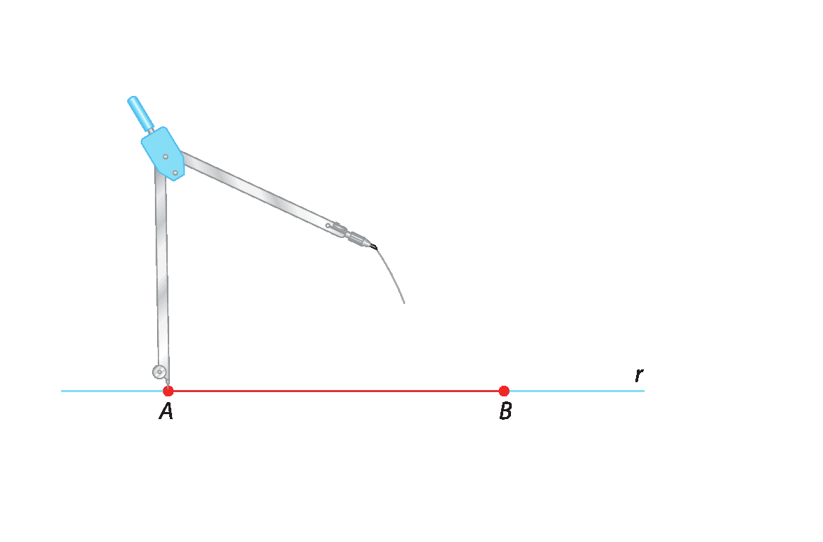 Ilustração. Reta r. Segmento de reta AB sobre a reta r. A ponta-seca do compasso está em A, acima da reta está traçado um arco.