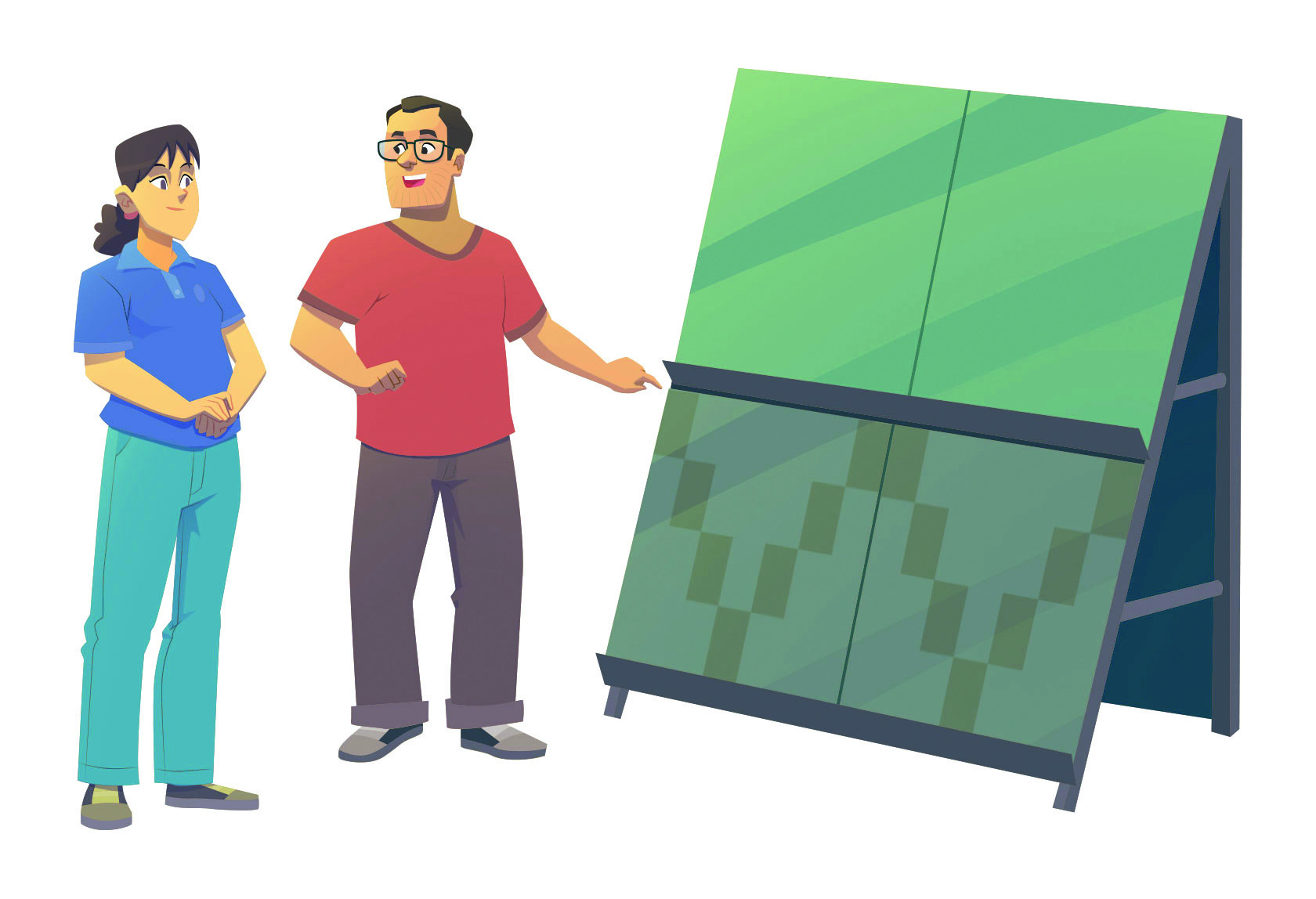 Ilustração. Homem de cabelo castanho comprido, vestido de camiseta azul e calça verde. À sua esquerda, outro homem de cabelos castanhos e óculos, vestido de camisa vermelha e calça marrom. Este, está indicando um suporte com lajotas em tom de verde.