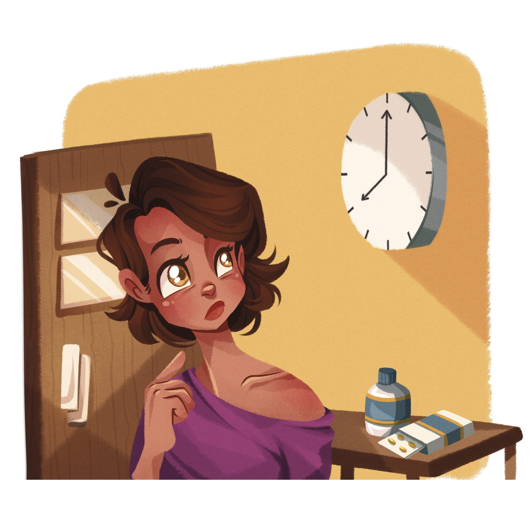 Ilustração. Mulher de cabelo curto castanho e blusa rosa. Ela observa o relógio com ponteiro maior no 12 e o menor no 8.