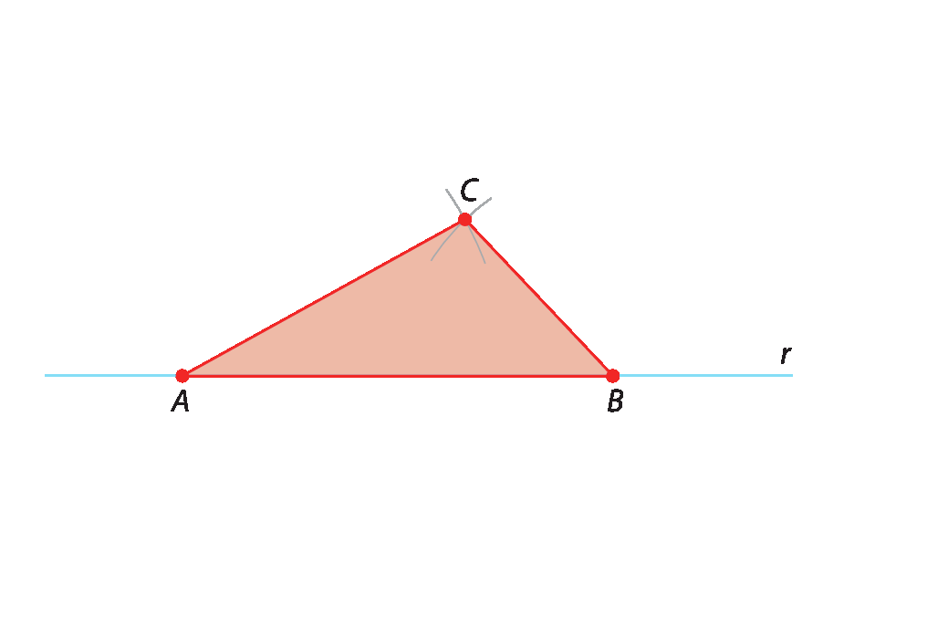 Figura geométrica. Reta r. Sobre ela, segmento de reta AB. Triângulo formado pelos os pontos A, B e C, que foi definido pelo arco traçado no passo anterior.