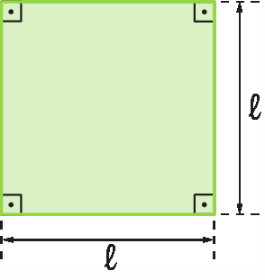 Figura geométrica. Quadrado verde com os 4 ângulos retos indicados, com cota indicando a medida do lado, l.