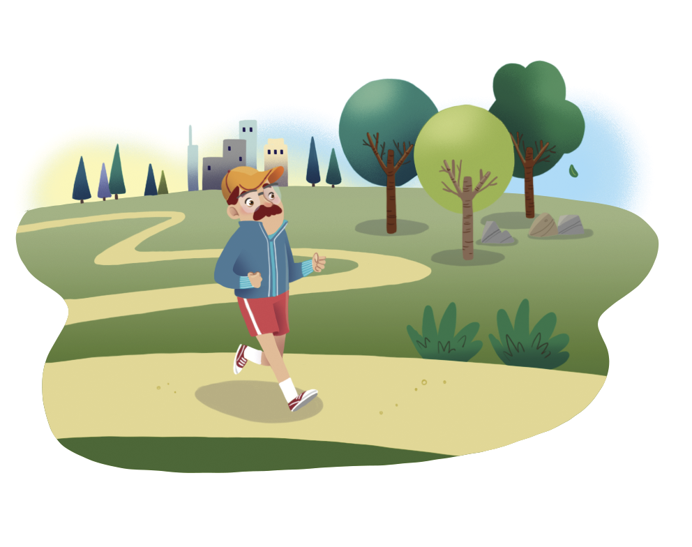 Ilustração. Homem de boné, blusa e bermuda correndo em um parque com grama e árvores.