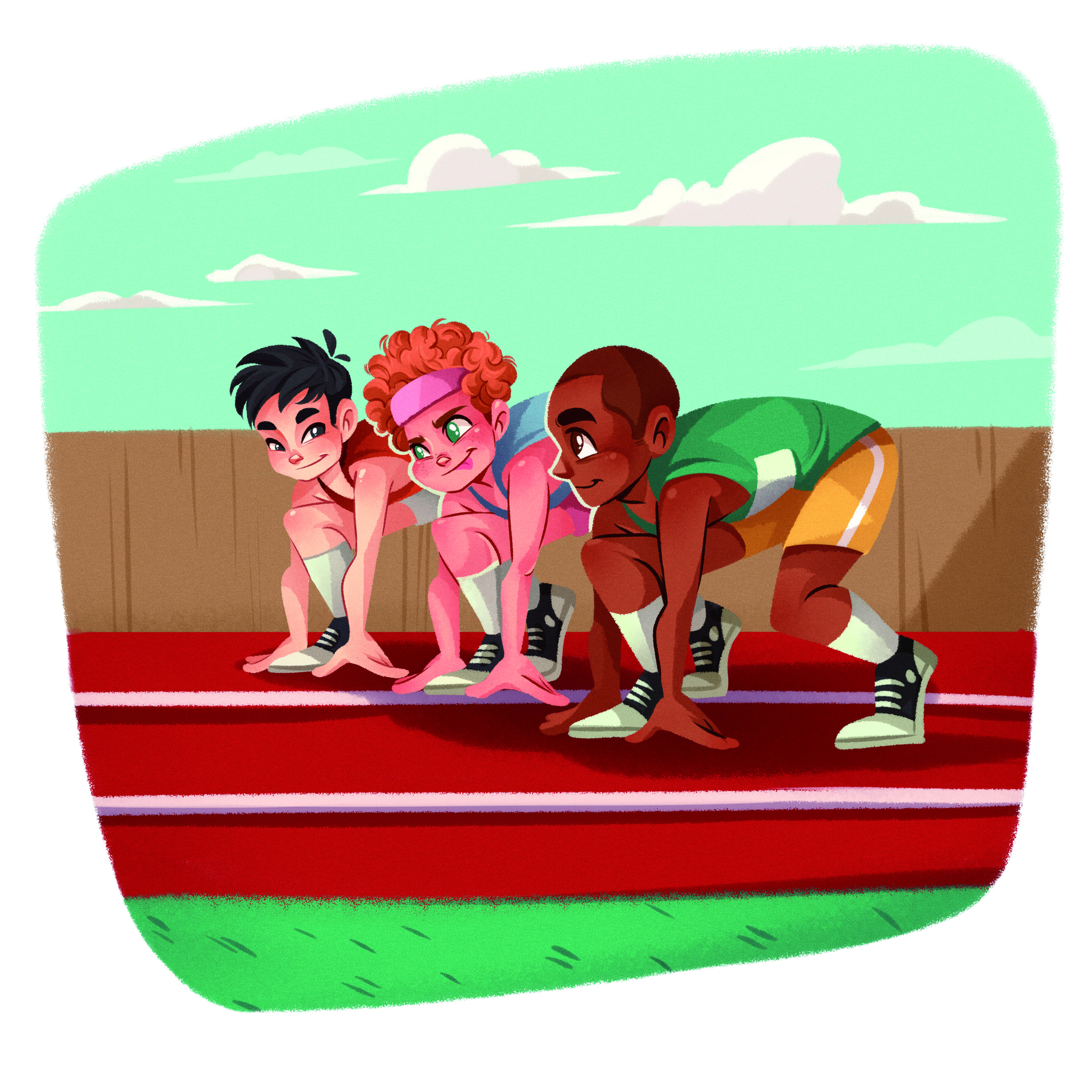 Ilustração. Três garotos abaixados com as mãos no chão em uma pista de corrida. Eles estão um ao lado do outro.