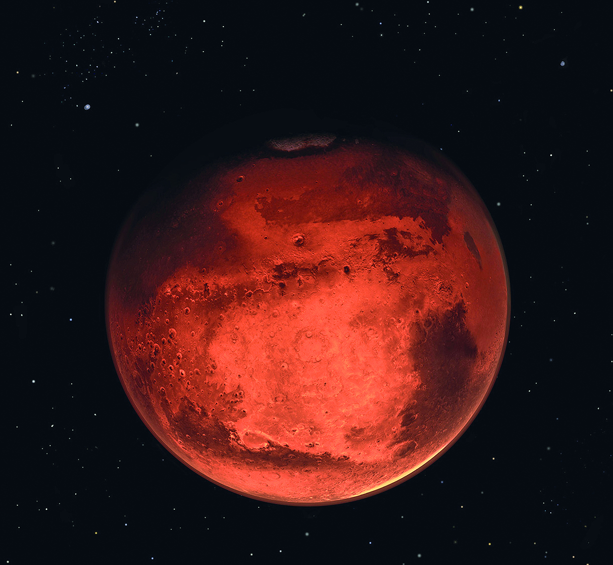 Fotografia. Fundo escuro com planeta vermelho.