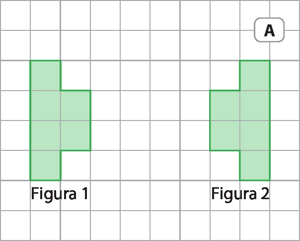 Ilustração A. Malha quadriculada. Figura 1 verde composta por 6 quadradinhos dispostos em 2 colunas, 4 quadradinhos na coluna da esquerda e 2 na coluna da direita. Figura 2 verde composta por 6 quadradinhos dispostos em 2 colunas, 2 quadradinhos na coluna da esquerda e 4 na coluna da direita. A figura 2 está disposta como se fosse um reflexo espelhado da Figura 1. As figuras 1 e 2 estão a uma distância horizontal de 4 quadradinhos uma da outra.