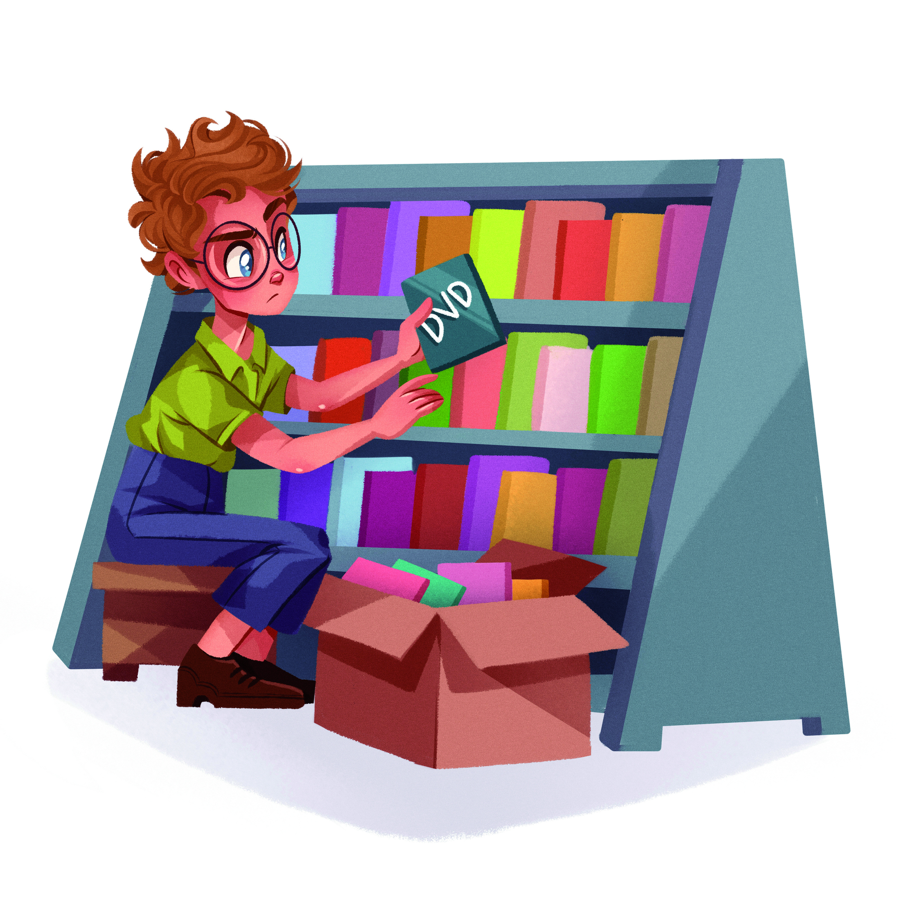 lustração. Homem de cabelo castanho curto, óculos, camisa verde e calça azul. Ele está sentado na frente de uma prateleira com DVDs e segura um na mão. Ao lado, no chão, caixa com DVDs.