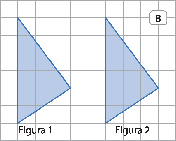 Ilustração B. Malha quadriculada. Figura 1: Triângulo azul cuja base é formada por 6 quadradinhos na vertical e altura é de 3 quadradinhos alinhada ao segundo quadradinho da base. A figura 2 é igual à figura 1, mas deslocada 5 quadradinhos para a direita.