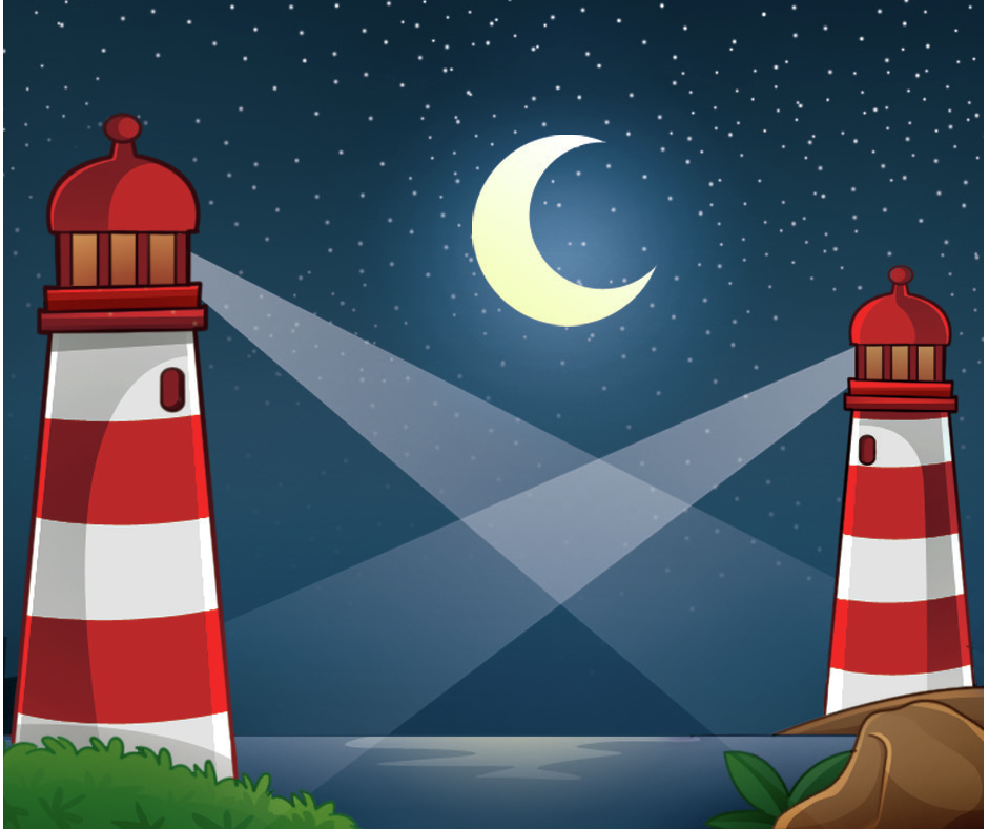 Ilustração. Dois faróis sendo um de frente para o outro. As luzes de ambos se cruzam. Acima, lua e estrelas.