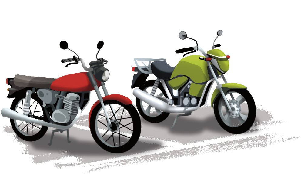 Ilustração. Duas motocicletas estacionadas uma ao lado da outra, sendo uma vermelha e uma verde.