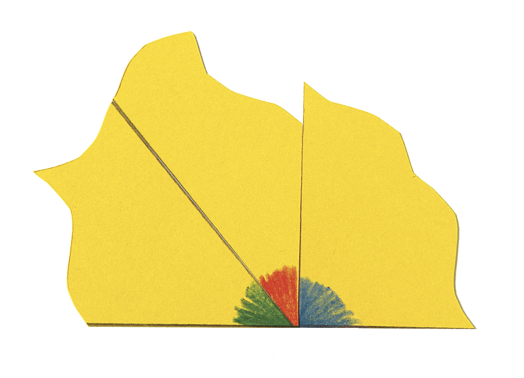 Ilustração. As partes do triângulo recortados no passo anterior unidos pelos ângulos, determinando um ângulo de 180°.