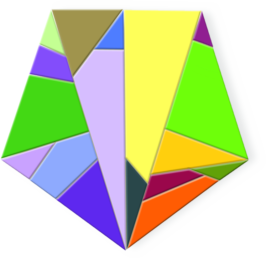 Ilustração. Pentágono composto por várias partes coloridas com formatos de triângulos e de quadriláteros.
