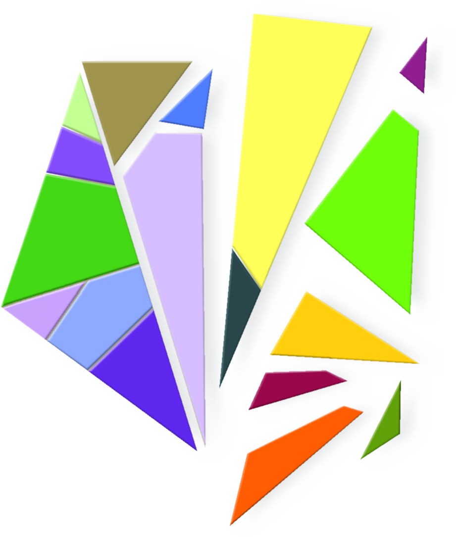 Ilustração. Pentágono composto por várias partes coloridas com formatos de triângulos e de quadriláteros. A metade da figura, à direita, está com as partes separadas.