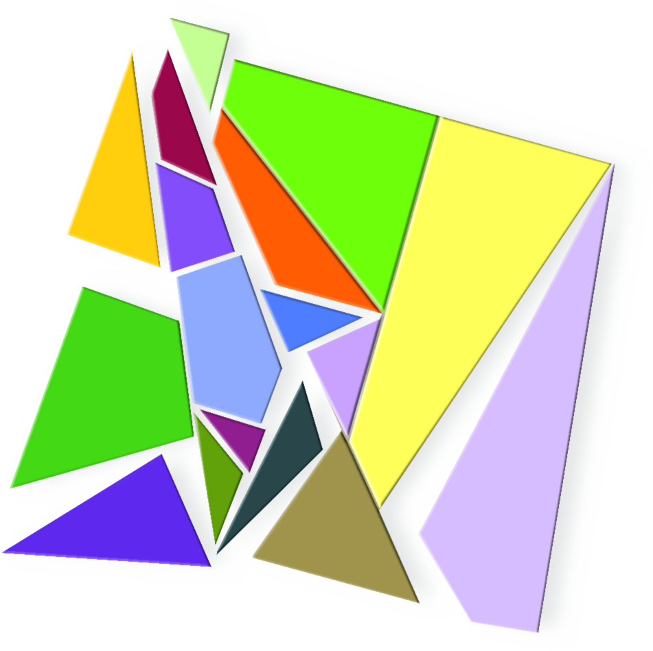 Ilustração. Parte de um quadrado composto por várias partes coloridas com formatos de triângulos e de quadriláteros.
