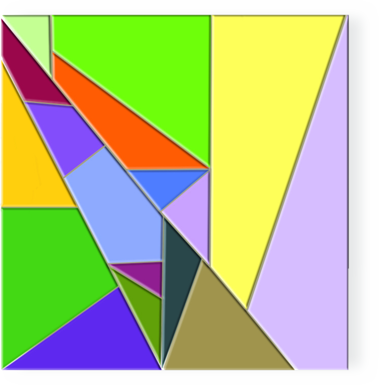 Ilustração. Quadrado composto por várias partes coloridas com formatos de triângulos e de quadriláteros.