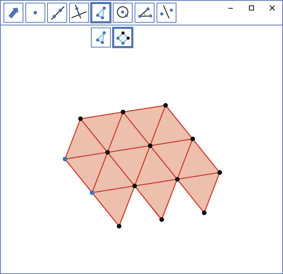 Ilustração. Software de geometria. Na parte superior, botões de comando. Destaque para o botão com um polígono: Ferramenta que traça polígonos regulares a partir  de dois pontos. Na tela, figura composta com triângulos regulares.
