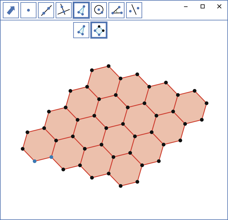 Ilustração. Software de geometria. Na parte superior, botões de comando. Destaque para o botão com um polígono: Ferramenta que traça polígonos regulares a partir  de dois pontos. Na tela, figura composta com hexágonos regulares.