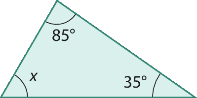 Figura geométrica. Triângulo com ângulos: x, 85 graus e 35 graus.