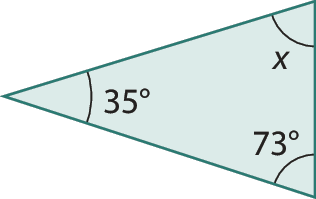 Figura geométrica. Triângulo com ângulos: x, 73 graus e 35 graus.