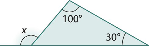 Figura geométrica. Triângulo com ângulos: 100 graus e 30 graus e um ângulo externo não adjacente aos outros ângulos de medida x.