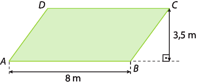Figura geométrica. Paralelogramo verde de vértices ABCD. Cota da medida do comprimento da base, indicando 8 metros. Cota da medida de comprimento da altura, indicando 3 vírgula 5 metros.