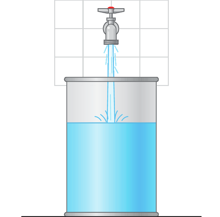 Ilustração. Torneira aberta. Abaixo, recipiente cilíndrico com água.