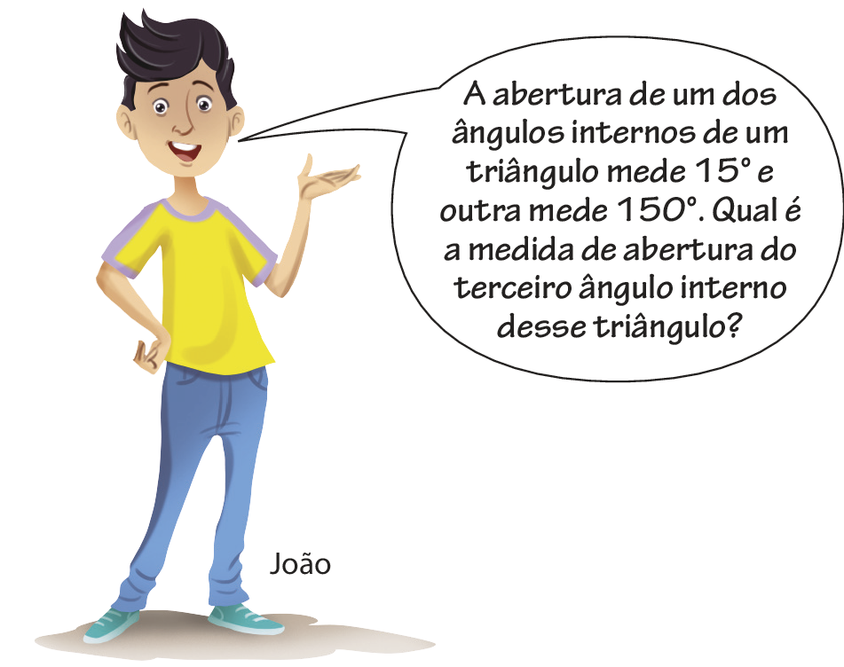 Ilustração. João, menino de cabelo curto preto, camiseta amarela, calça azul tênis verde. Ele está em pé e diz: A abertura de um dos ângulos internos de um triângulo mede 15 graus e outra mede 150 graus. Qual é a medida de abertura do terceiro ângulo interno desse triângulo?