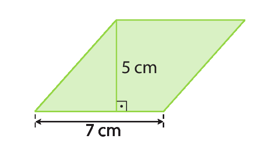Figura geométrica. Paralelogramo verde, medida do comprimento da base, 7 centímetros. Cota da medida de comprimento da altura, indicando 5 centímetros.