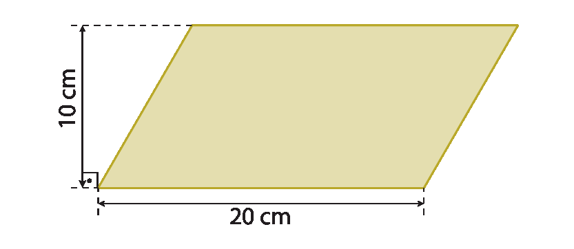 Figura geométrica. Paralelogramo bege, medida do comprimento da base, 20 centímetros. Cota da medida de comprimento da altura, indicando 10 centímetros.