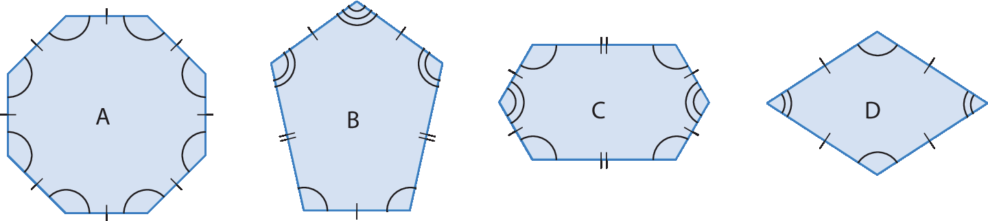 Ilustração. Polígono azul A, todos os lados são congruentes e seus ângulos internos são congruentes. Ilustração. Polígono azul B com cinco lados, dos quais dois lados são congruentes e os outros três lados são congruentes. Dos cincos ângulos internos, dois são congruentes entre si, e outros dois ângulos são congruentes entre si. Ilustração. Polígono azul C com seis lados, dos quais quatro lados são congruentes entre si  e outros dois são congruentes. Dos seis ângulos internos, quatro são congruentes entre si e outros dois são congruentes entre si. Ilustração. Polígono D com quatro lados congruentes. Os ângulos internos opostos de dois a dois são congruentes.