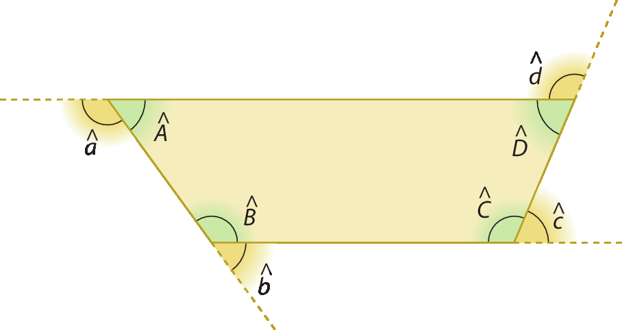 Ilustração. Trapézio bege. Destaque para os ângulos internos: A maiúsculo, B maiúsculo, C maiúsculo e D maiúsculo. ângulos externos: a minúsculo, b minúsculo, c minúsculo e d minúsculo.