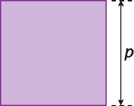 Figura geométrica. Quadrado roxo com lados medindo p de comprimento.