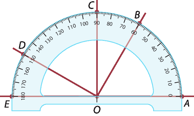 Esquema. Representação de quatro ângulos: AOB, AOC, AOD e AOE. Sobre os ângulos está posicionado um transferidor de 180 graus. O vértice dos ângulos coincide com o centro do transferidor. O lado AO, comum aos quatro ângulos, está alinhado, na horizontal, com o número 0 do transferidor e o lado OB do ângulo AOB está alinhado com o número 60 do transferidor, indicando que a abertura do ângulo é de 60 graus. O lado OC do ângulo AOC está alinhado com o número 90 do transferidor, indicando que a abertura do ângulo é de 90 graus.  O lado OD do ângulo AOD está alinhado com o número 150 do transferidor, indicando que a abertura do ângulo é de 150 graus.  O lado OE do ângulo AOE está alinhado com o número 180 do transferidor, indicando que a abertura do ângulo é de 180 graus.